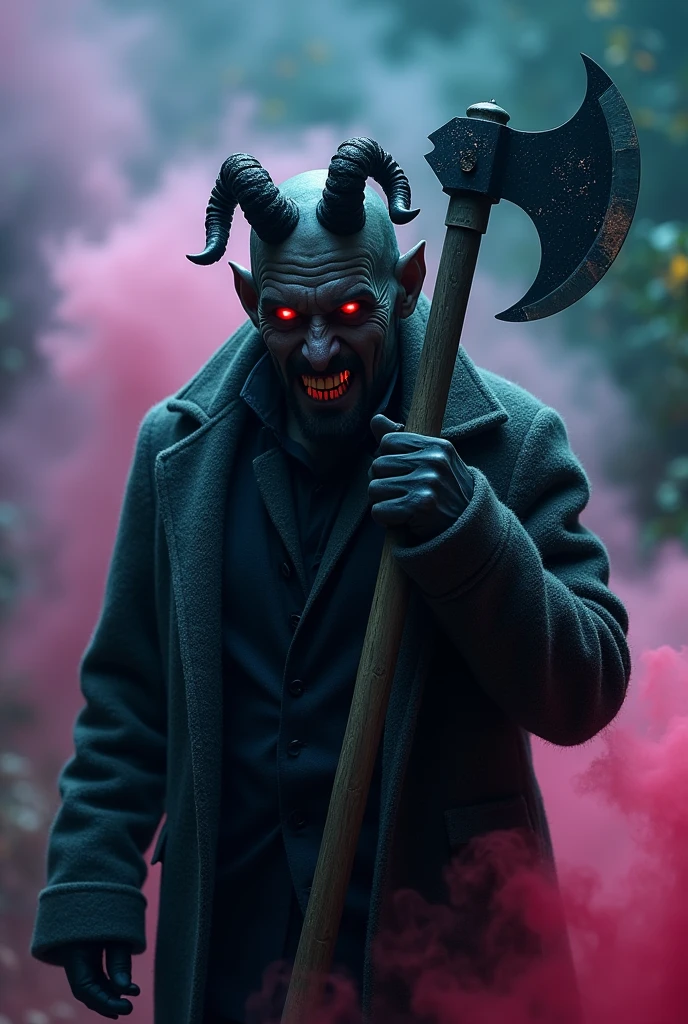 Creepy Man with devil's cursed horns with red eyes and legendary axe in hand looking so scary with devils small creepy
smile and wollen full jacket
With pink, violate and green neon snokeybackground