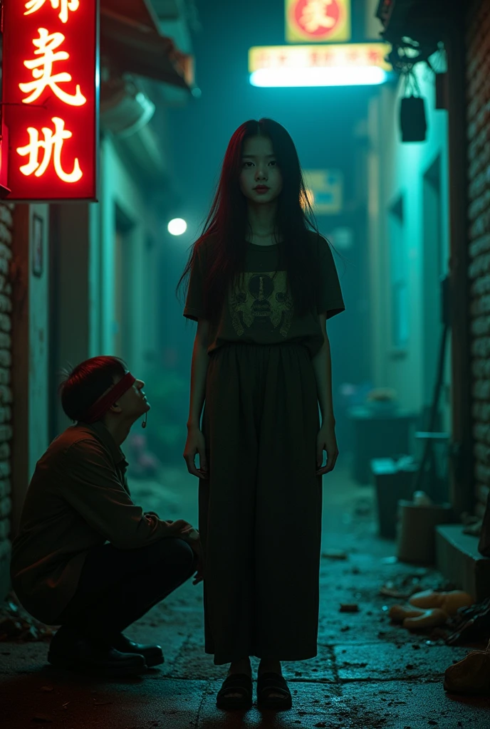 Chinese, very cute beautiful woman, head rotates 180 degrees  a boy blindfold bloody mouth vomit sadism