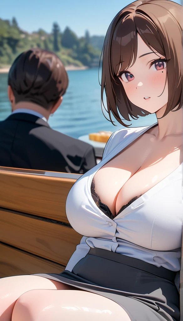 score_9, score_8_superior, score_7_superior, score_6_superior, break, One person男, 50 years old, expensive, average body shape, suit, (Sitting, out of frame:1.4), break 1,
(One person),(Best image quality, 8k, masterpiece:1.3), Anatomically correct, ((Brown hair bob cut:1.1)),(Swept-apart bangs,), (Cute eyes, Dark Eyes), (Mole under right eye), (thin), (Large Breasts),(Glowing Skin:1.1),(Pale skin:1.2),(Fantasy atmosphere),(見superiorげる),Ultra-high resolution, Textured skin, Sparkle Effect, Fantasy,Bright Eyes,Cleavage,Braid, short, Slender and horny, Brunette, wear (Tight gray skirt:1.1), (White sleeveless blouse:1.2), (Black lace bra,Black lace panties),(Black high heels:1.0), break, Luxury Office, Big CEO table, (Kneel, Under the table:1.2), Perfect Proportions, throw,Eat a bread roll,Saliva stringing,