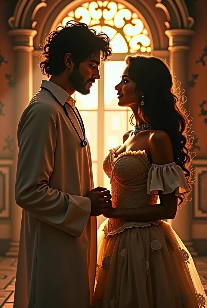 Create a scene blending realism with a fairy tale that depicts a young adult doctor with messy black hair and Arab descent, appearing strong. He is with a young woman with voluminous, subtly wavy brown hair and brown eyes with Eastern features. She is wearing a corset and has a rounded silhouette. They are standing hand in hand, gazing at each other with tenderness, with an atmosphere of complicity and forbidden romance between them. The last rays of the sun through the window create a warm and magical ambiance, intensifying their connection.

