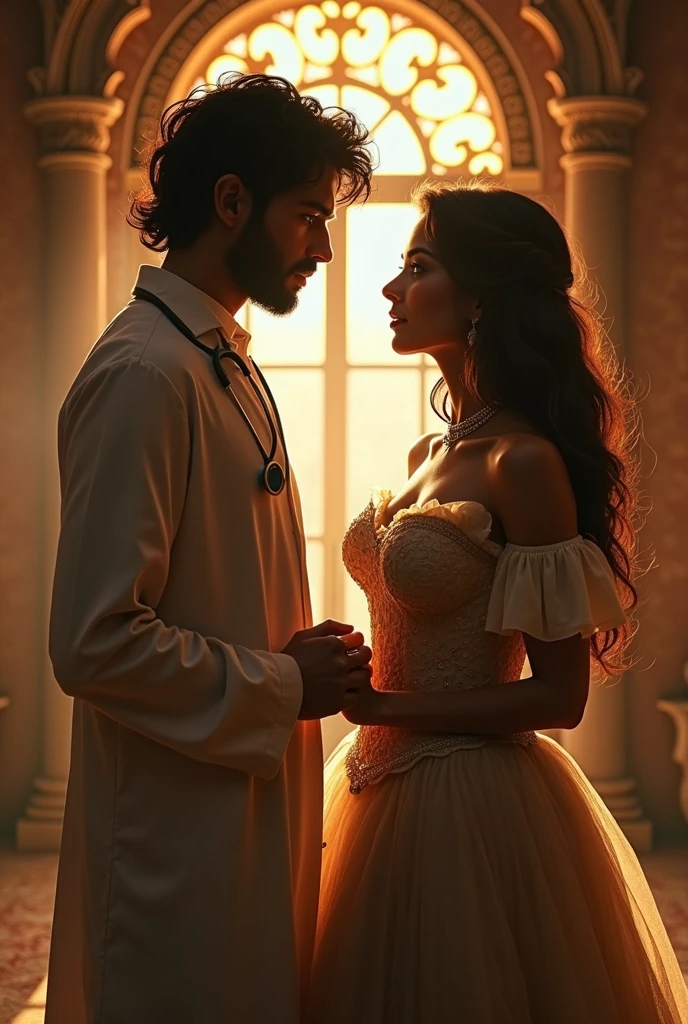 Create a scene blending realism with a fairy tale that depicts a young adult doctor with messy black hair and Arab descent, appearing strong. He is with a young woman with voluminous, subtly wavy brown hair and brown eyes with Eastern features. She is wearing a corset and has a rounded silhouette. They are standing hand in hand, gazing at each other with tenderness, with an atmosphere of complicity and forbidden romance between them. The last rays of the sun through the window create a warm and magical ambiance, intensifying their connection.

