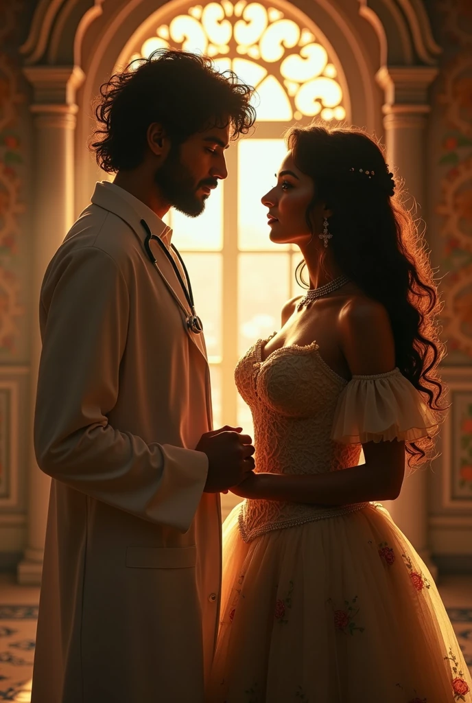 Create a scene blending realism with a fairy tale that depicts a young adult doctor with messy black hair and Arab descent, appearing strong. He is with a young woman with voluminous, subtly wavy brown hair and brown eyes with Eastern features. She is wearing a corset and has a rounded silhouette. They are standing hand in hand, gazing at each other with tenderness, with an atmosphere of complicity and forbidden romance between them. The last rays of the sun through the window create a warm and magical ambiance, intensifying their connection.
