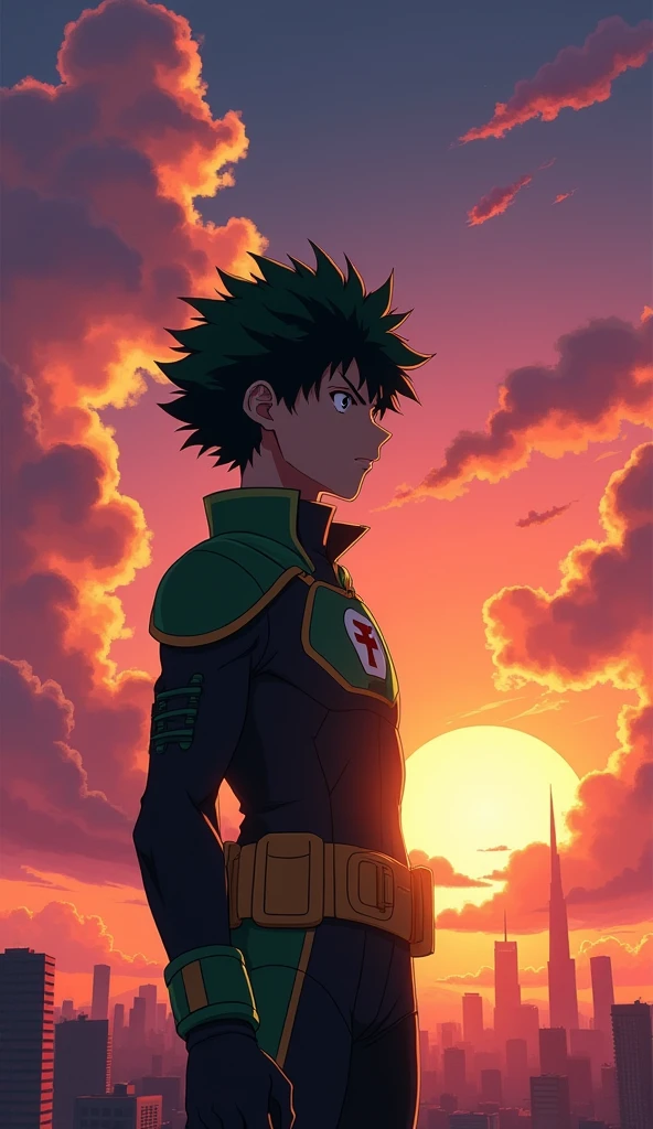 Create a breathtaking movie poster that captures the essence of Kohei Horikoshi&#39;s My Hero Academia, Featuring Deku in his iconic hero uniform, Gaze solemnly at the enchanting sunset.