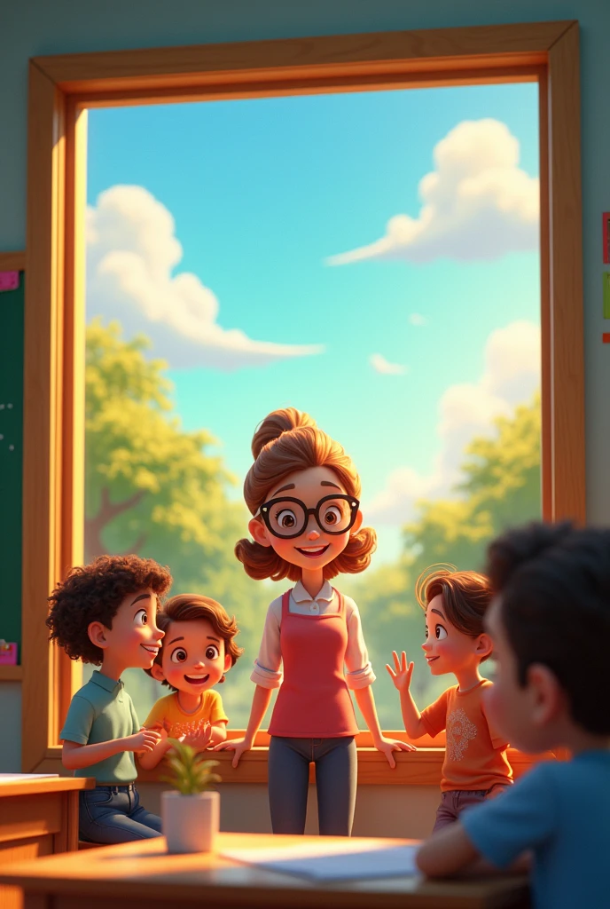 Cover of an animated classroom seen from a window that simulates a frame and there are children looking out. In the center is the teacher with her students. Simple. 