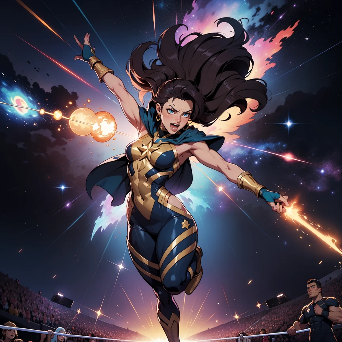 Certainly! Let’s imagine Hector and Lara Lunardi stepping into the electrifying world of WWE 2K24! 🤼♂️🌟
Title: “Cosmic Showdown”
The cosmic arena trembles as stardust swirls. The crowd roars, galaxies colliding in anticipation.
Hector “Comet Crusher” Lunardi
Entrance Theme: “Nova Ignition”
Signature Move: Cosmic Slam
Catchphrase: “From the far reaches of the cosmos, I bring celestial fury!”
Hector strides down the ramp, his cape shimmering like a comet’s tail. His eyes blaze with cosmic fire.
Lara “Nebula Dynamo” Lunardi
Entrance Theme: “Stellar Serenade”
Signature Move: Galactic Spin
Catchphrase: “In the dance of stars, I find my power!”
Lara pirouettes into the ring, her cosmic ballet captivating the audience. Nebulas swirl around her form.
Cosmic Clash: Hector vs. Lara
The bell tolls, and the universe holds its breath.
Hector grapples with the force of collapsing stars, muscles rippling.
Lara counters with a nebula-powered kick, leaving trails of light.
They soar through the air, defying gravity, their love story woven into every move.
Finisher: Celestial Fusion
Hector and Lara lock hands, energy surging between them. They lift their opponent high.
Hector’s comet-infused strength combines with Lara’s nebula grace.
The canvas cracks as they slam their foe down—a cosmic collision!
The crowd erupts, stars twinkling in approval.
Victory Pose: Cosmic Embrace
Hector and Lara stand victorious, their love transcending dimensions.
Hector whispers, “Together, we’re unstoppable.”
Lara laughs, “Our hearts, a supernova.”
And the cosmic crowd chants their names: “Hector! Lara! Lunardi!”
Feel free to add more cosmic twists or create rivalries with other WWE superstars! 🌠👊✨