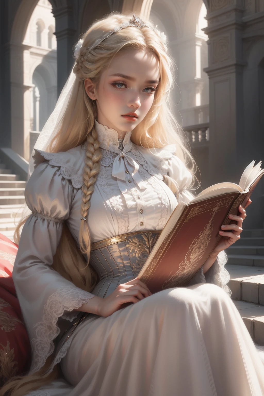 (Masterpiece - Ultra-detailed, very high resolution) Prepare to be enchanted by a true masterpiece that combines ultra-detailed art with high-resolution rendering. This work depicts a mesmerizing woman with very long blond hair (1.3) and captivating gray eyes (1.2), emanating an aura of elegance and mystery in Victorian settings. The intricate details and realistic textures invite you to explore every aspect of this enchanting composition. Woman wearing beautiful classic Victorian costume from the year 1878. Red lips. Happy face. Smiling. white (white) dress. Walking, sitting, laying down, writing, reading, backwads, looking back, upper body, dynamic poses. Get ready to dive into a world where beauty and craftsmanship merge perfectly.