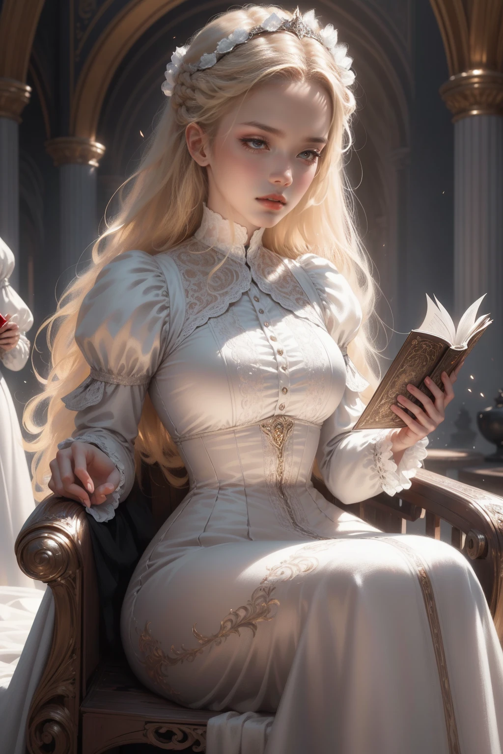 (Masterpiece - Ultra-detailed, very high resolution) Prepare to be enchanted by a true masterpiece that combines ultra-detailed art with high-resolution rendering. This work depicts a mesmerizing woman with very long blond hair (1.3) and captivating gray eyes (1.2), emanating an aura of elegance and mystery in Victorian settings. The intricate details and realistic textures invite you to explore every aspect of this enchanting composition. Woman wearing beautiful classic Victorian costume from the year 1878. Red lips. Happy face. Smiling. white (white) dress. Walking, sitting, laying down, writing, reading, backwads, looking back, upper body, dynamic poses. Get ready to dive into a world where beauty and craftsmanship merge perfectly.