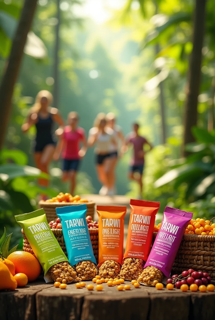 Generates an image of an energy bar called 'tarwi delight' made from cagao and tarwi with different package colors in the jungle and people in the back doing sports and tarwi on the side, cape gooseberry and camu camu