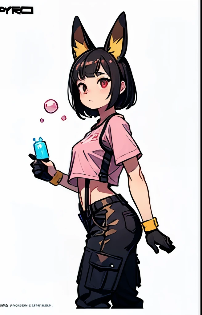a woman wearing an open black leather jacket, a pink top that goes down to the navel, black cargo pants with yellow stripes on the sides and yellow suspenders hanging down, Umbreon ears, red eyes, black hair, bubble butt, highly detailed, 8k, photorealistic, masterpiece, volumetric lighting, cinematic composition, dramatic lighting, intricate details, hyper-realistic, award-winning, digital art, concept art