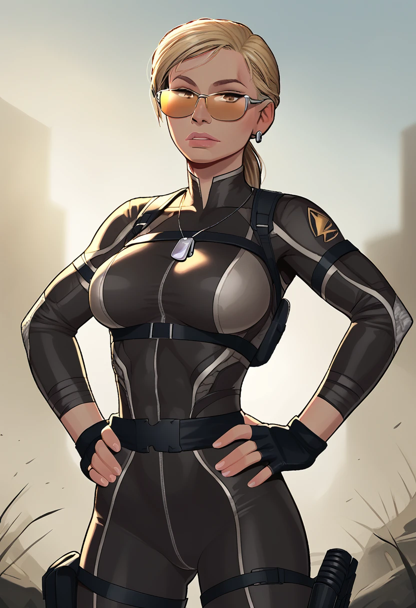 score_9, score_7_up, BREAK, 1girl, solo, cassie cage \(mortal kombat\), black bodysuit, sunglasses, tactical clothes, chest harness, dog tags, long sleeves, breasts, hands on own hips,