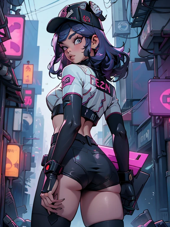 tmasterpiece，best qualtiy，8k wallpaper，The is very detailed，illustratio，（perfect bodies：1.1）, 1个Small Breast Girl, Hailee Steinfeld, cute face, dual horsetail，wearing hat，wearing mini hot pants, beautiful detailed eyes, beautiful detailed lips, slim body, cute bum, showing her butt crack, Cyberpunk-inspired short outfits, Baseball bat, Turn Back, cyberpunk city