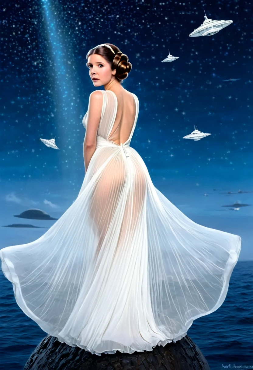 Princess Leia (age 25, airy sheer white elegant gown), camera low looking up at her butt and a starry sky, a few tiny space ships fly across the sky, lush ocean world
