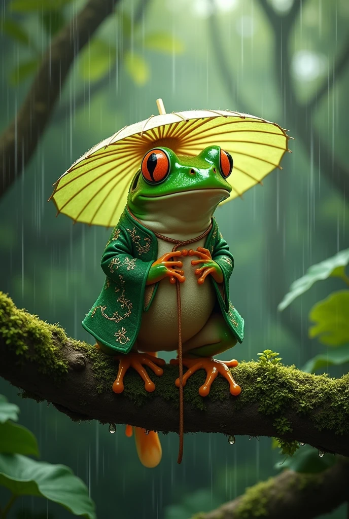 On a branch in the rainforest,Morning dew sparkles,A fat green tree frog,Wearing Chinese clothes,Ultra-realistic,high resolution,Standing with a lotus leaf umbrella,It is raining in the background