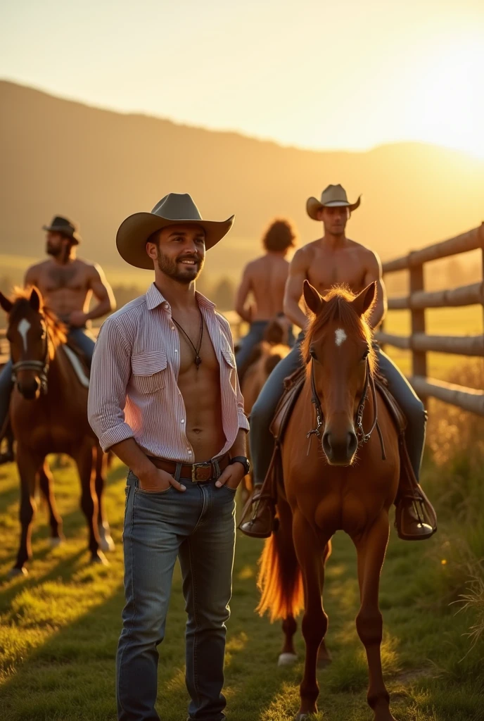  5 cowboy men working on a horse farm some shirtless and another wearing a striped shirt and a handsome young gay man seduces him