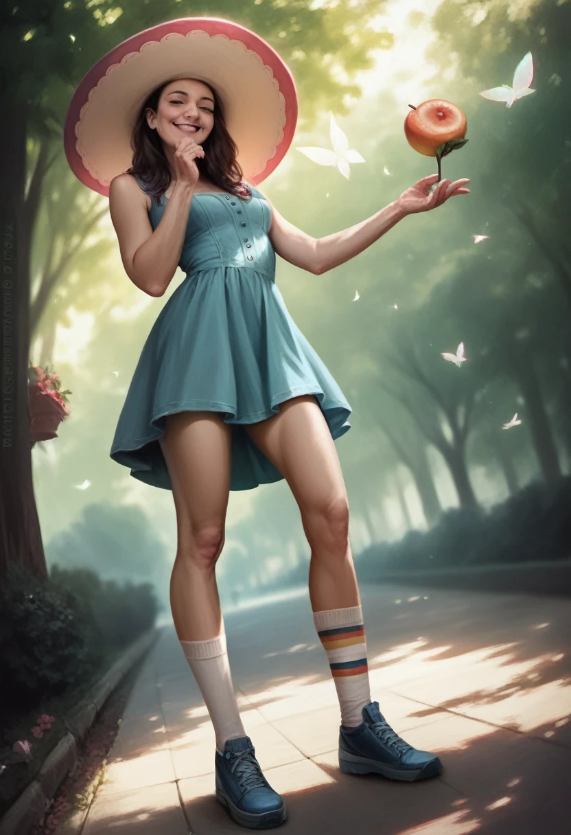 a quirky illustration of two best friends laughing together, 1girl wearing mismatched socks and a fruit hat, 1girl doing something silly, wide angle shot, full body, in a beautiful park, (best quality,4k,8k,highres,masterpiece:1.2),ultra-detailed,(realistic,photorealistic,photo-realistic:1.37),vibrant colors,soft lighting,sketch-like style,whimsical,charming,playful,warm tones