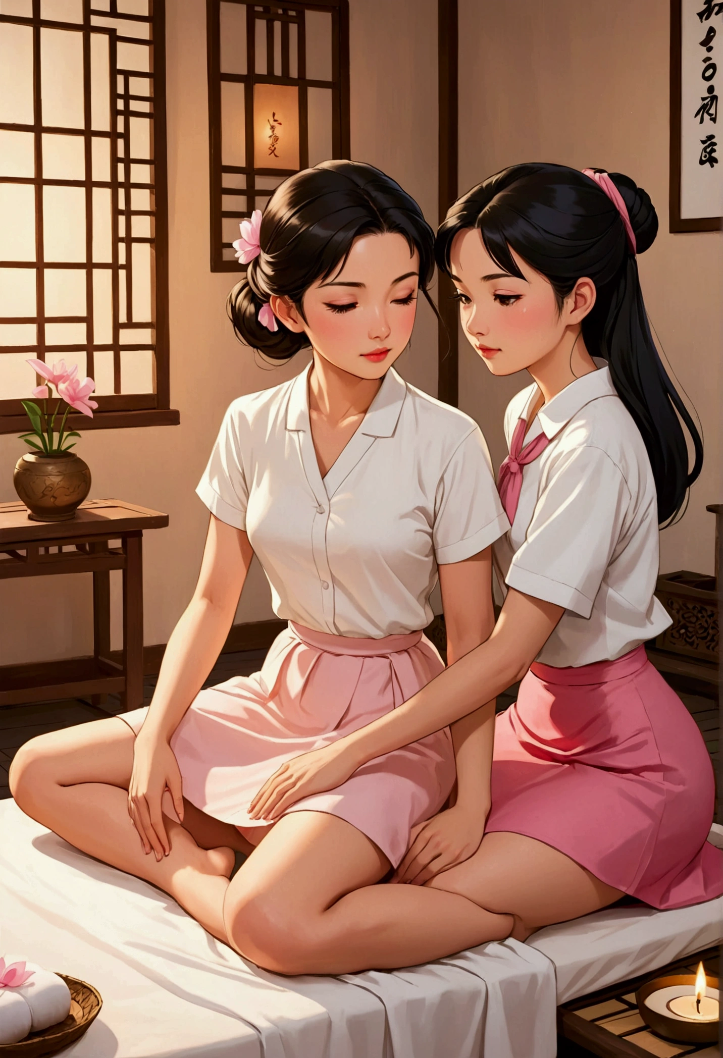 create an idyllic image of two women in love in anime illustration style, one is a beautiful and shy Asian with long black hair, dressed in a 50s style with a white shirt and a pink skirt who is sitting sideways, giving an innocent and relaxing Thai massage to a beautiful and sweet young British woman with light brown hair tied in a bun, who is lying on a stretcher covered with a white sheet and only with her back uncovered receiving her massage, the atmosphere is cozy and full of scented candles
