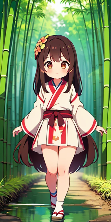 Full body, beautiful eyes , 1 girl  , full body , cute girl , anime style , cute eyes  , (standing up) , (Mai is a woman in her late 30s with long, dark hair often tied back with a simple ribbon. She wears traditional clothing made from natural fibers, reflecting the earthy tones of the bamboo forests surrounding Bambusa Village. Her attire is often adorned with small, hand-stitched floral patterns, symbolizing her bond with nature. Mai's warm, brown eyes and calm demeanor exude a sense of peace and wisdom.) , 