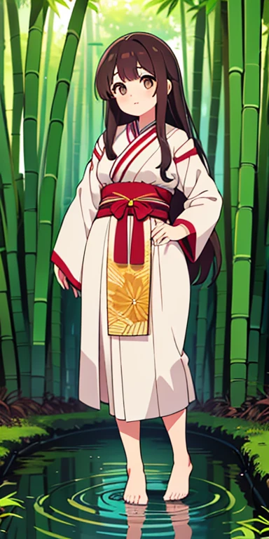 Full body, beautiful eyes , 1 girl , full body , cute girl , anime style , cute eyes , (standing up) , (Mai is a woman in her late 30s with long, dark hair often tied back with a simple ribbon. She wears traditional clothing made from natural fibers, reflecting the earthy tones of the bamboo forests surrounding Bambusa Village. Her attire is often adorned with small, hand-stitched floral patterns, symbolizing her bond with nature. Mai's warm, brown eyes and calm demeanor exude a sense of peace and wisdom.) ,