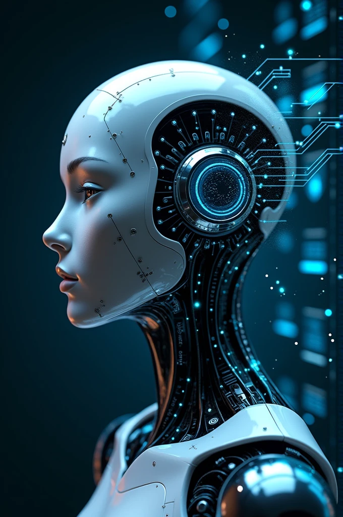 Create a futuristic profile picture for a social media profile called 'AI Perspective'. The image must present a stylized and modern representation of an artificial intelligence, with technological and digital elements. Include a robot head or AI display with a background that suggests a technological environment, as circuits or graphs. The color palette should be composed of shades of blue, gray and white to convey innovation and technology. O design deve ser limpo, catchy and easily recognizable in small sizes