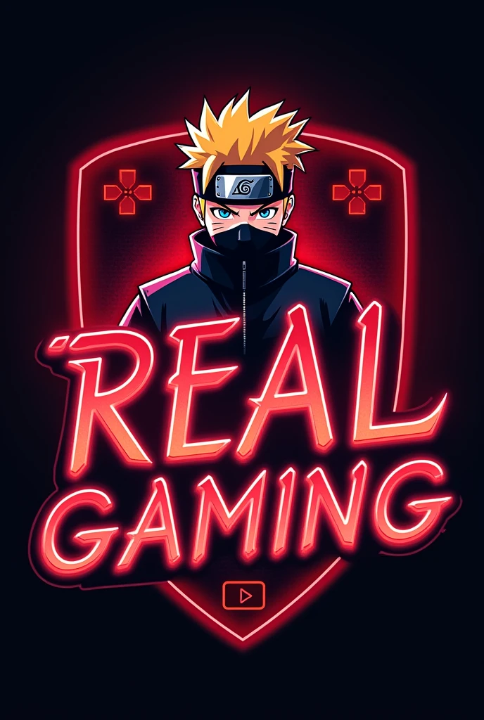 gaming logo that features the " Real gaming "
In futuristic font and a neon red colour and a Naruto Ninja avtar the logo also has a stylized controller icon and youtube plat button in background the logo is designed to be attracted and eye catching and appeal to gaming enthusiastic and youtube viewers