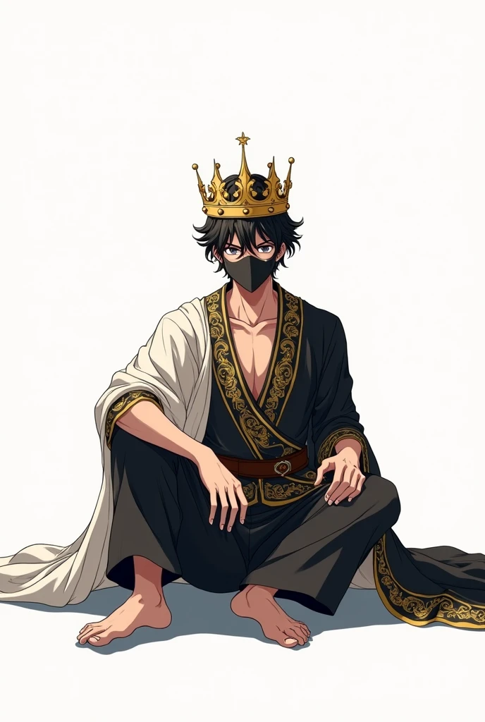An adult anime king boy sitting without a throne with a crown and a black mask on his mouth and with a completely white background showing his entire body with his feet appearing. sitting down