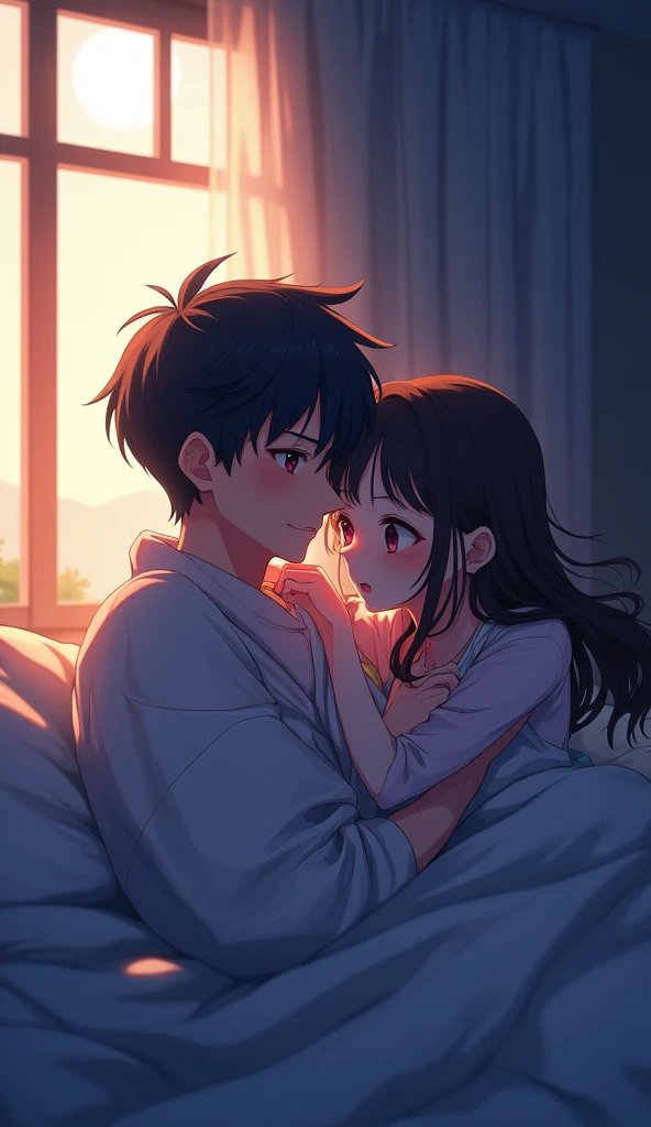 "Create a romantic image of a 21 year old anime boy and girl lying under a blanket in bed. The boy hugged the girl tightly、, With a captivating smile, While the girl looked at him shyly, Captivating look. Background、Softly lit with a sensual atmosphere、, Night atmosphere. Capture the intimacy and passion of the moment。, 『I think you&#39;re tired.』Reflect the line。, After all、You&#39;ve been running through my dirty thoughts all night。.'"