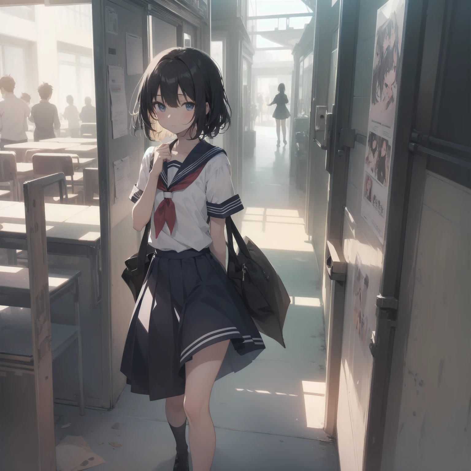 ultra-absurdres-Top quality by artist God, ultra-detailed, high resolution, anime moe artstyle, best anime 8k konachan wallpaper, pixiv contest winner, pool:2810, perfect anatomy,break, 1girl, (Please draw a girl walking sleepily to school alone. )break,(Solo,little female, 13-year-old:1.3),Full limbs, complete fingers,a junior high school student, (very short hair), short cut, flat chest, , small butt, small black eyes, beautiful detailed eyes, well-proportioned iris and pupils, expressive eyes, highres detailed hair, soft expression, salor school_uniform, sailor collar, serahuku, bow, pleated skirt,(Detailed Lighting), (Detailed background), in the School commute route. break,super detailed skin, Best cinematic lighting powered by famous artist, 8k,beauty illustration,photoshop_(medium),very aesthetic,break,((artist:rappa_(rappaya) )), artist:clamp ,artist:carnelian ,artist:kantoku ,
