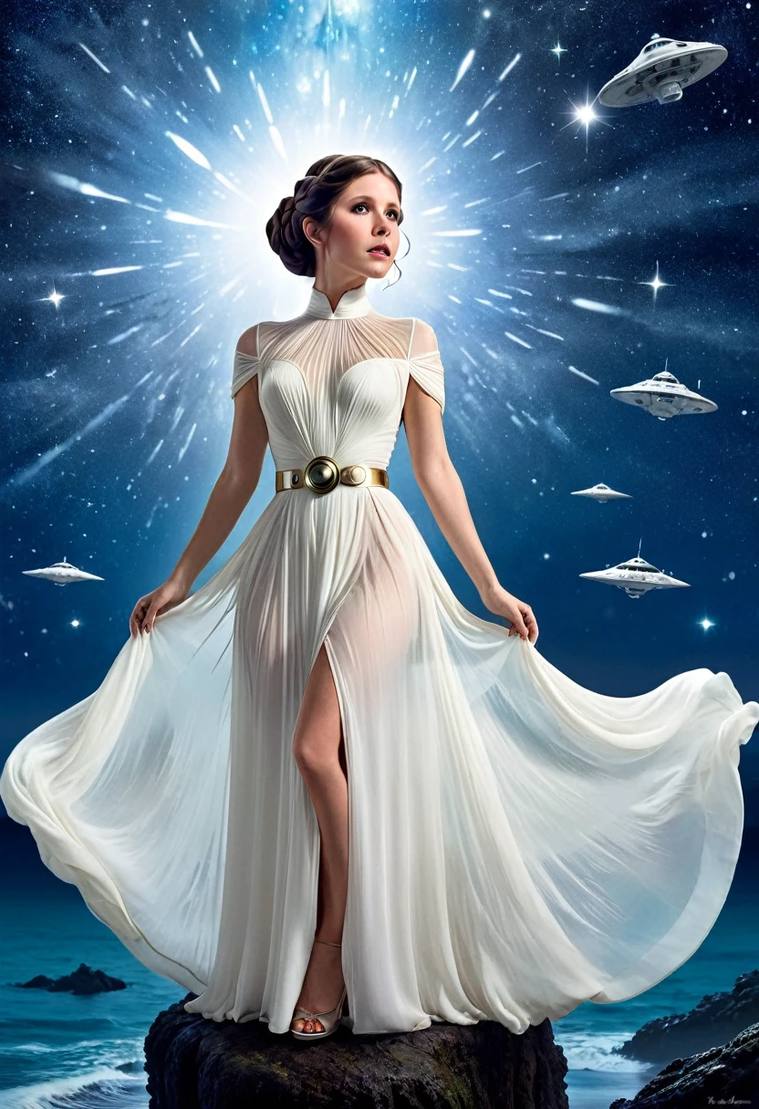 Princess Leia (age 25, airy sheer white elegant gown), camera low looking up at her butt and a starry sky, a few tiny space ships fly across the sky, lush ocean world
