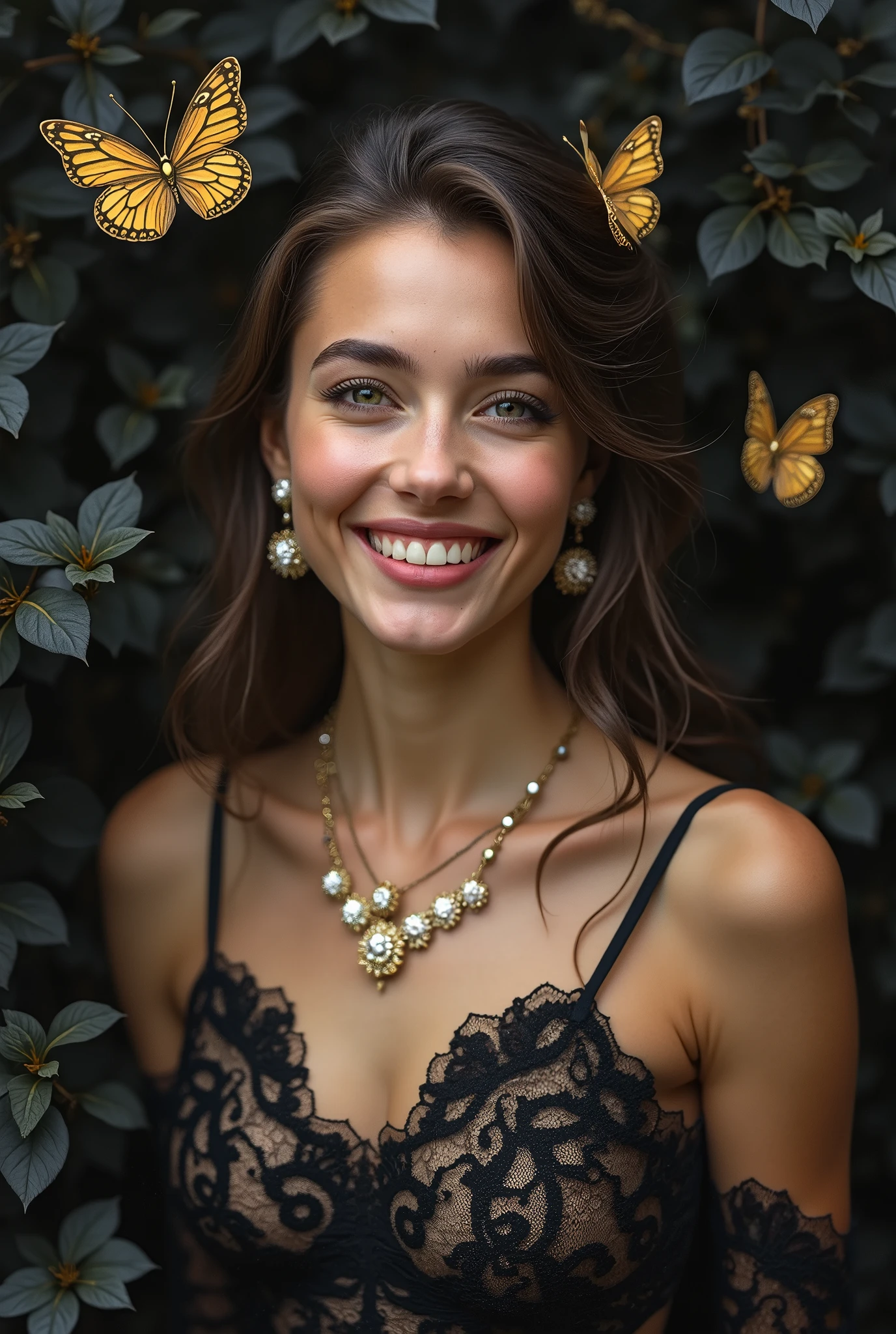 A full-body shot of a very Norway beautiful woman smile, hyperdetailed faces, rendered in the ultra-detailed style of fractal art, now infused with the enchanting touch of Benjamin Lacombe. The mesmerizing and colorful display captures her in meticulous detail, from the delicate lace adorning her attire to the elegant jewelry enhancing her beauty. Surrounding her are blooming black flowers, their dark elegance contrasting vibrantly with the scene. Intricate golden butterflies flutter gracefully around, adding a whimsical yet harmonious element to this visually stunning composition, masterpiece, UHD, 18K