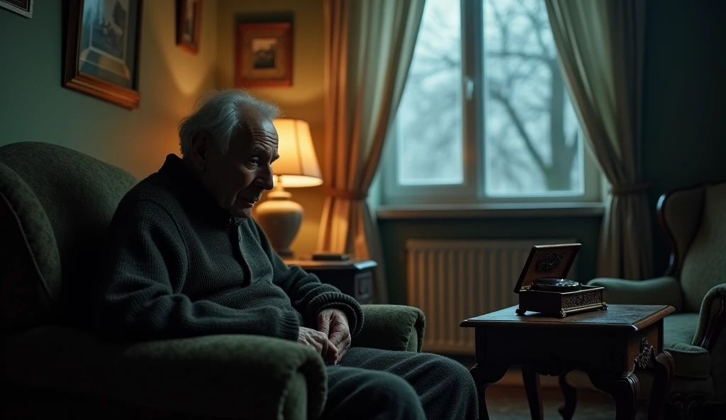 A lonely old man in a room in an old apartment。In the dimly lit room there is an old music box.。Old man sitting in a chair、Staring at the music box。Outside the window, snow is falling quietly.、The old man has tears in his eyes。