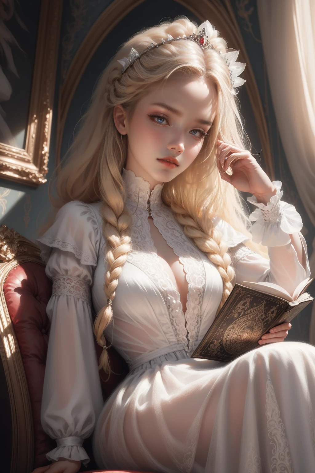 (Masterpiece - Ultra-detailed, very high resolution) Prepare to be enchanted by a true masterpiece that combines ultra-detailed art with high-resolution rendering. This work depicts a mesmerizing woman with very long blond hair (1.3) and captivating gray eyes (1.2), emanating an aura of elegance and mystery in Victorian settings. The intricate details and realistic textures invite you to explore every aspect of this enchanting composition. Woman wearing beautiful classic Victorian costume from the year 1878. Red lips. Happy face. Smiling. white (white) dress. Walking, sitting, laying down, writing, reading, backwads, looking back, upper body, dynamic poses. Get ready to dive into a world where beauty and craftsmanship merge perfectly.