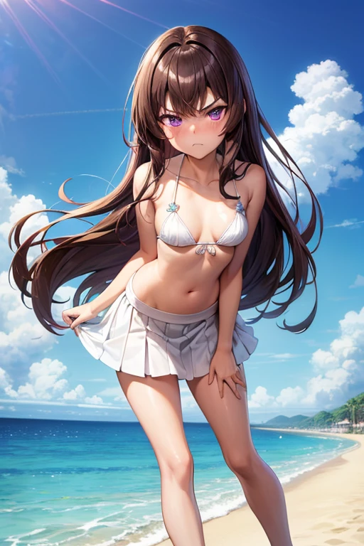 ((best quality)), ((masterpiece)), (detailed), a girl, full body, 19 years old, angry face, young adult, somewhat short stature, purple eyes, brown hair, slightly wavy hair, long hair, bangs, blush, very small breasts, sexy white bikini with skirt, seductive legs, beach background, looking at me, anime