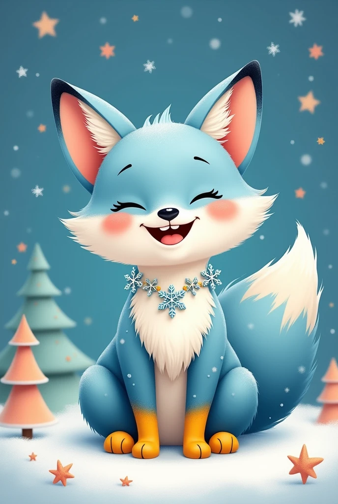 Oc smiling critter, A blue fox With a necklace of snowflakes, With yellow paws. Draw. (POPPY playtime smiling critters artstyle)