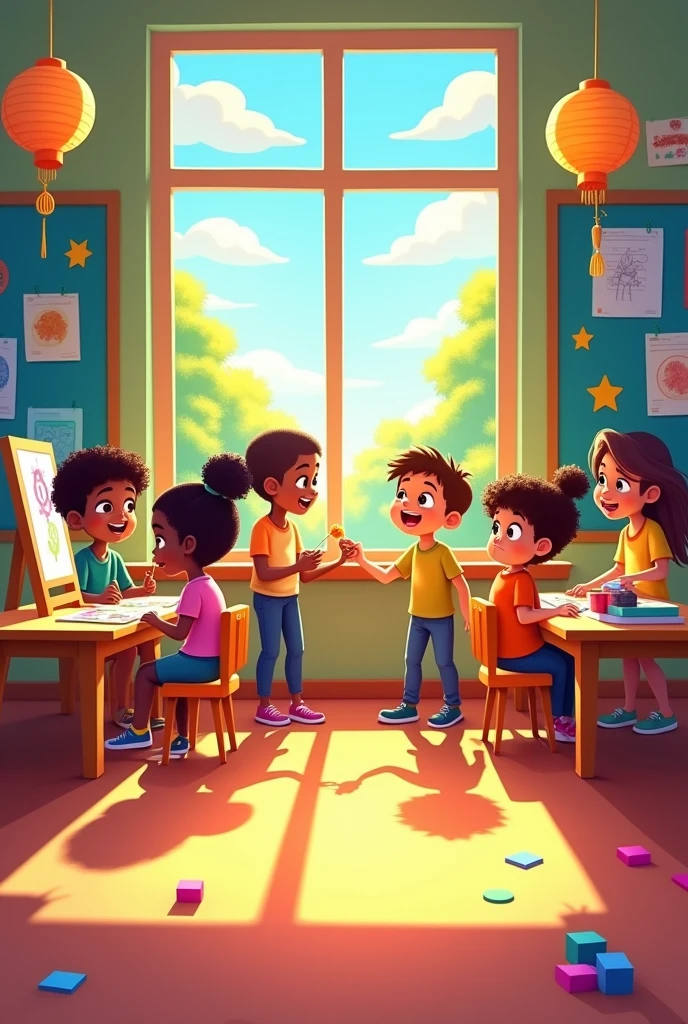 Cover of an animated classroom seen from a window
