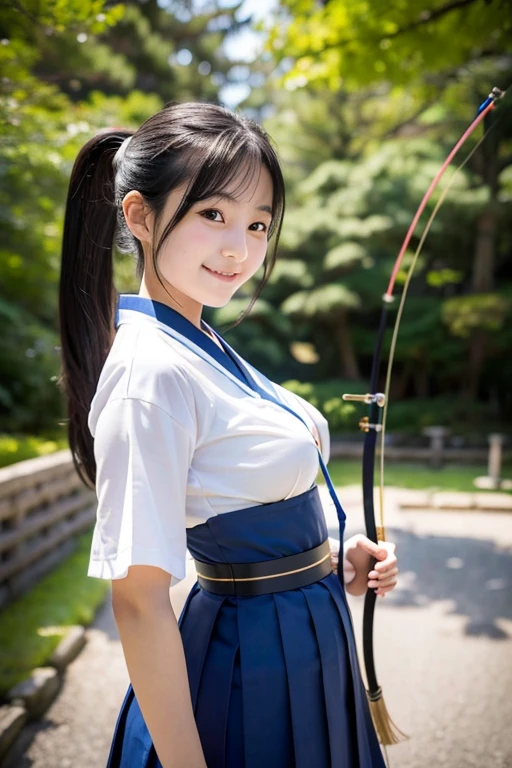女のChild1人,beautiful, 18-year-old,Masterpiece, Highest quality, Matsushima Na々Child,solo, High resolution, smile, Black Hair, Gaze, Long Hair, Super big breasts,The best goddess in Japan,slender,Kubire in the lower back,School,Archery dojo,Kyudo costume,ponytail