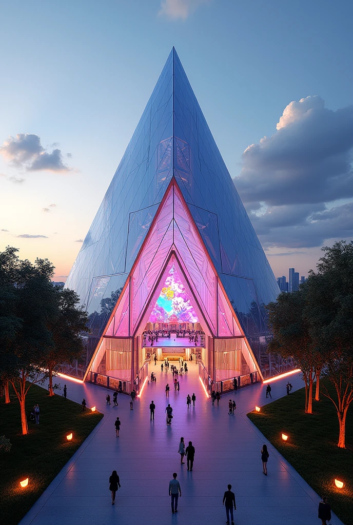 Create a concept design of a diamond shaped concert arena and please show me the exterior design