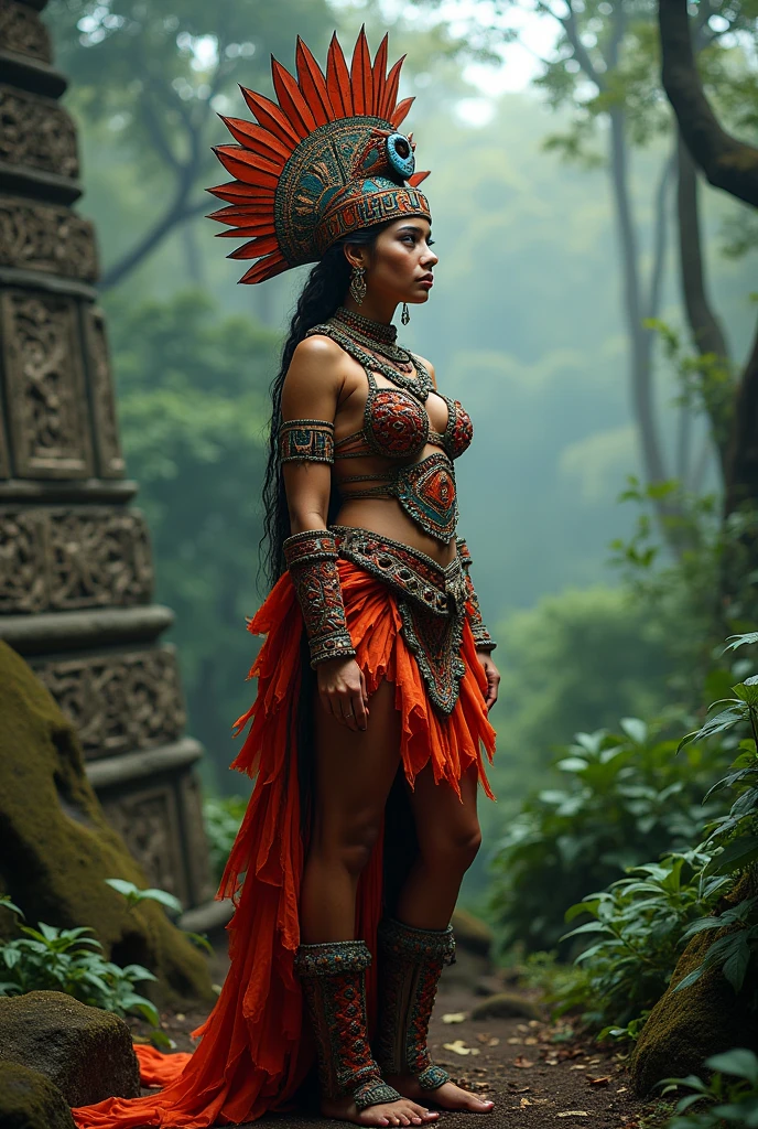Make a costume or impersonation of the Temple of the Great Jaguar, este templo tiene un basamento Pyramidal de 9 plataformas rojas, Pyramidal, with nine staggered levels which may be symbolic of the nine levels of the underworld. And a staircase in the center that runs from the base to the top..
The wooden lintels stand out in the exterior decoration.. The sanctuary has a high crest decorated with a sculpture of the seated king., Jasaw Chan K'awiil. MAKE A PERSONIFICATION OF THIS WOMAN