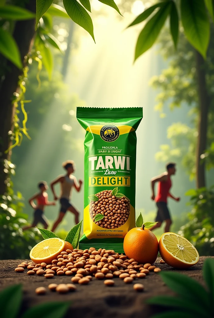 Generates an image of an energy bar called &#39;tarwi delight&#39; made from cagao and tarwi with different package colors in the jungle and people in the back doing sports and tarwi on the side, aguaymanto and camu camu with the product a little bigger 