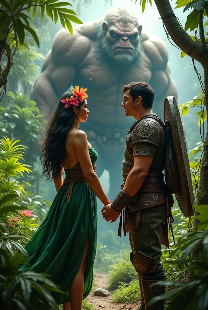 Rain forest couple against monster