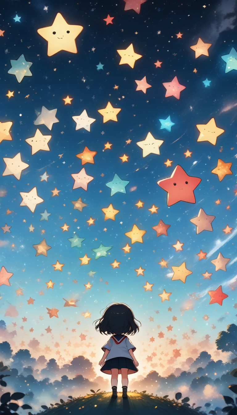 score_9, score_8_up, score_7_up, score_6_up, score_5_up, score_4_up, large amount of star-shaped objects of various colors, floating in the sky, chibi characters gazing at them, anime manga illustration cartoon style, background a lot of colorful stars