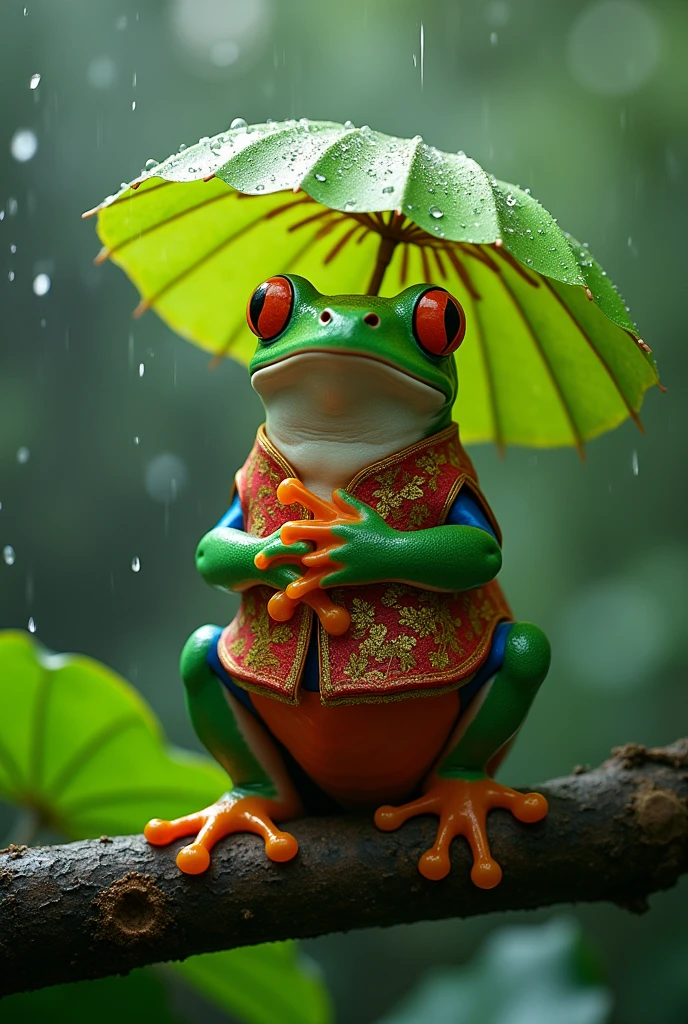 On a branch in the rainforest,Morning dew sparkles,A fat green tree frog,Wearing Chinese clothes,Ultra-realistic,high resolution,Standing with a lotus leaf umbrella,It is raining in the background