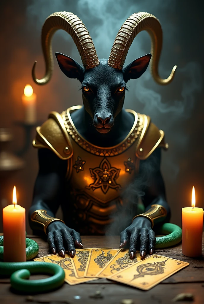 Goat Devil black,cards tarot, smoking, Golden armor, candlelight! Silver! tarot! (Voodoo) Firme eyes! 8k, realist, 3 snakes green!