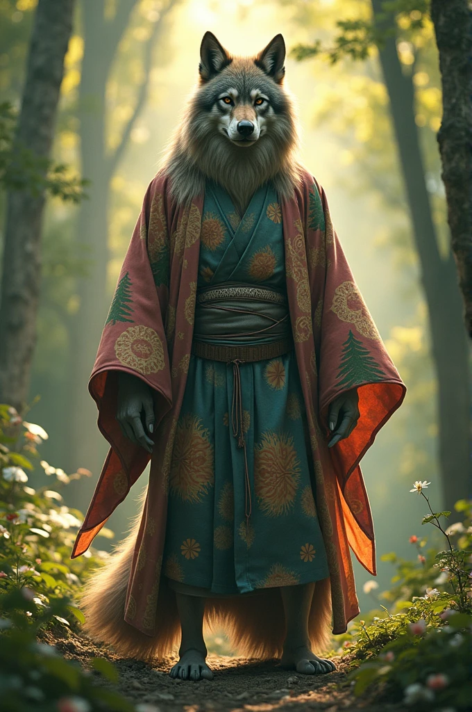 In bright natural light, a long-haired werewolf wearing a kimono with his erect penis in full view