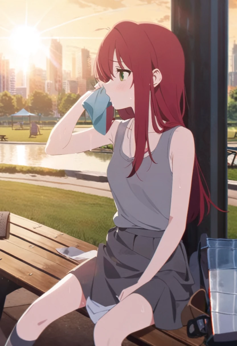 1girl, solo, red hair, long hair, green eyes, full body, Grey stockings, gray skirt, gray tank top, sweaty, wiping sweat, drinking a drink, city park, sunrise, sitting on a wooden bench, 