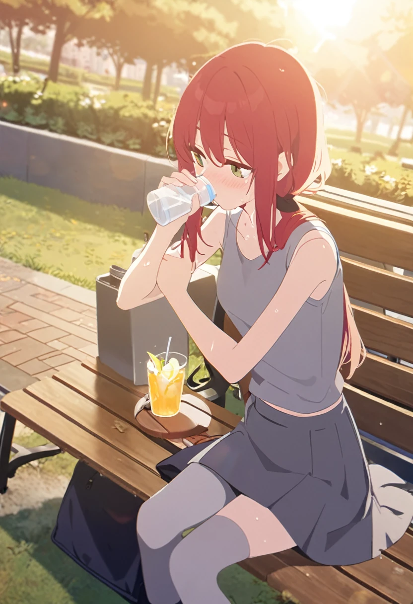 1girl, solo, red hair, long hair, green eyes, full body, Grey stockings, gray skirt, gray tank top, sweaty, wiping sweat, drinking a drink, city park, sunrise, sitting on a wooden bench, 