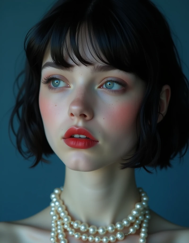 (RAW photo, best quality, masterpiece: 1.2), (photorealistic: 1.4), (Polish girl, 20 years old, black hair, Light grey eyes, short bob cut, hair in 7 thirds, hair over one ear, Symmetrical eyes, solo, Detailed Skin, rip gloss, blush:1.1), Bright red lips, slightly upturned face, large pearl necklace, wet hair, looking away, deep blue background, close-up of face, nude, cinematic lighting