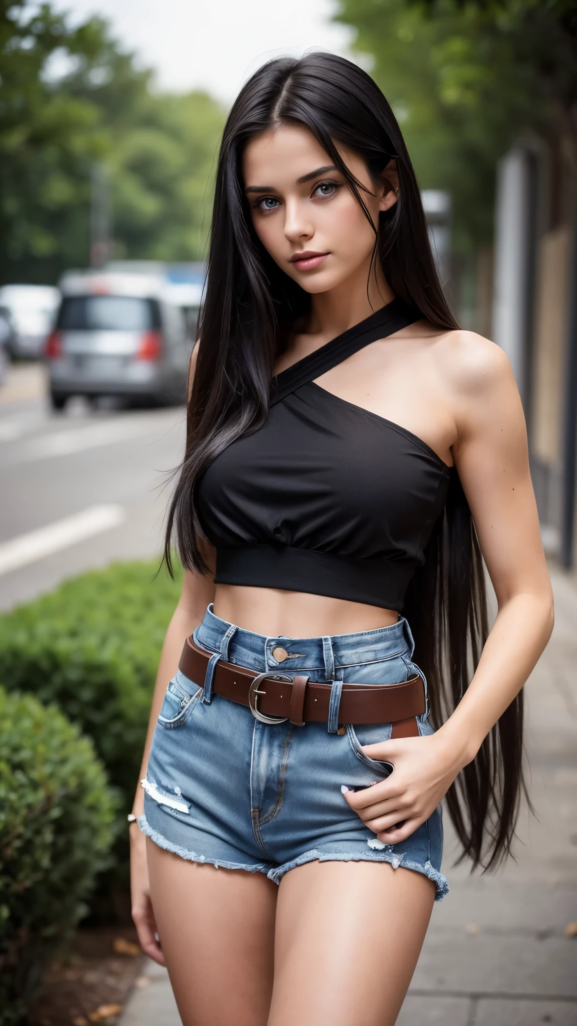 Beautiful 20-year-old brunette girl with fair skin, long straight black hair, blue eyes, wearing a black one-shoulder blouse and high-waisted denim shorts with a belt, showing her belly button, with thick legs