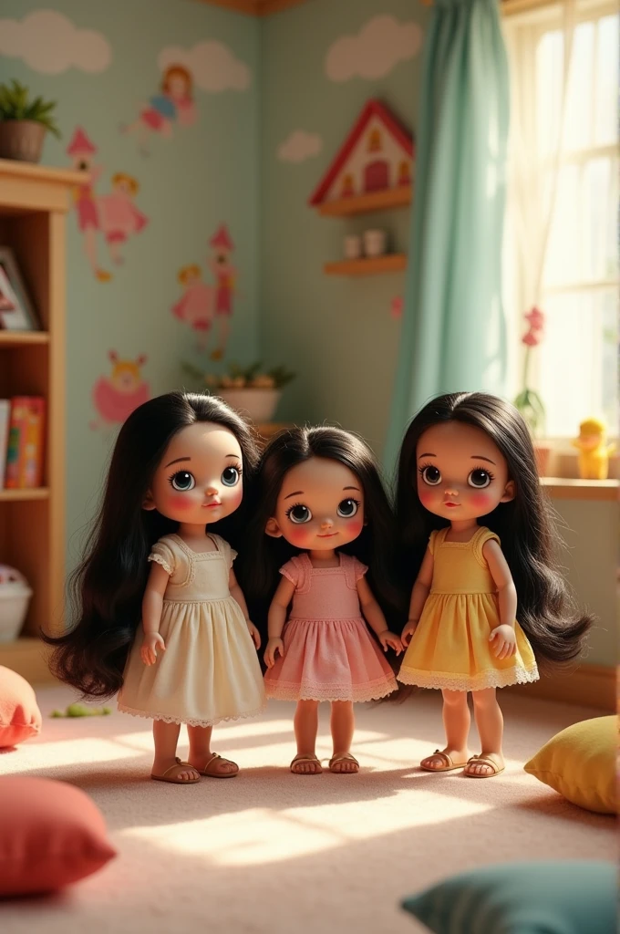 3 little black haired dolls