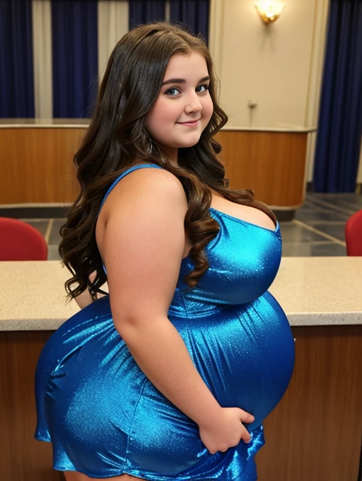 A very fat 16 year old girl at school prom, massive belly, very fat, big boobs, giant butt, cubby arms, large thighs, wearing a blue dress, long wavy hair, belly very big, bloated belly, full body view, dim lights, flashy lights, next to food bar, is happy