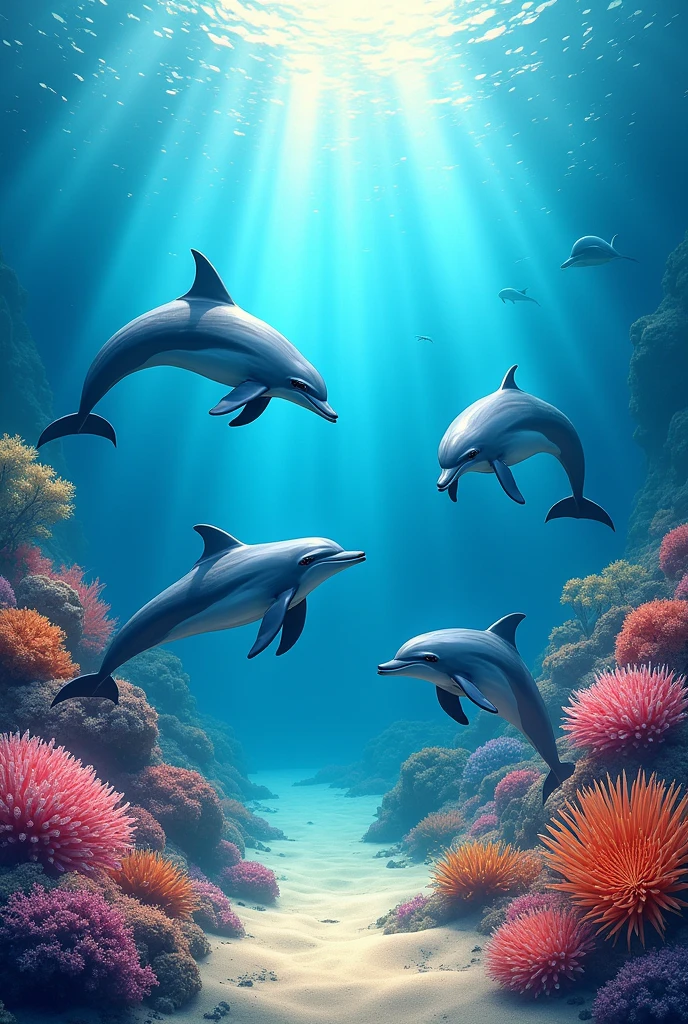Various Drawing of dolphins on the seabed with sparkles, corals, sea stars 
